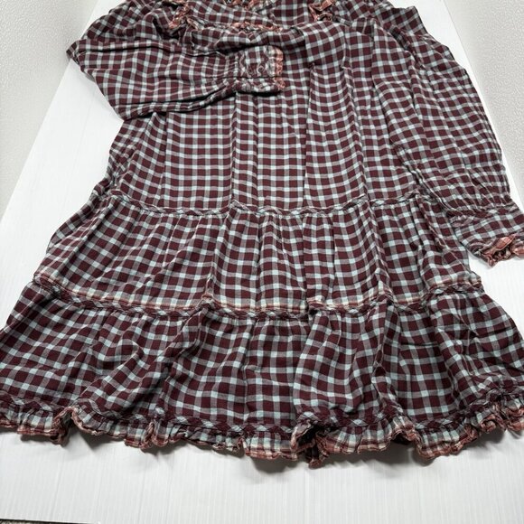 Ulla Johnson Elm Plaid Ruffle Mini Dress Size 8 Burgundy Check Long Sleeve - Picture 11 of 13